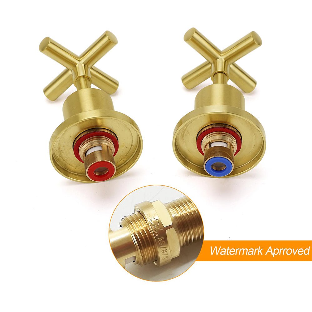 Brushed Gold Shower 1/4 Turn Twin Taps Basin Bath Spout Hot Cold Water Mixer Set - Furniture > Bathroom > Shower Heads & Screens - Rivercity House & Home Co. (ABN 18 642 972 209) - Affordable Modern Furniture Australia