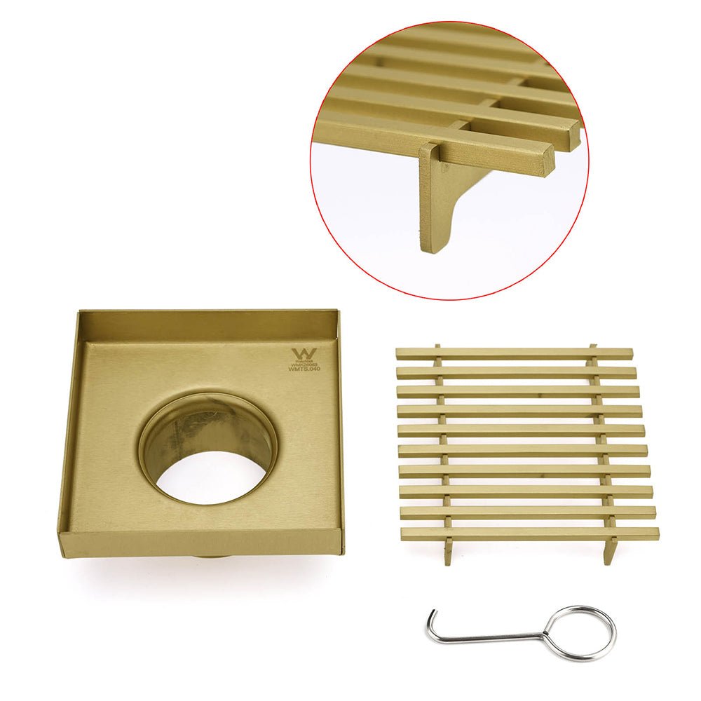 Brushed Gold Smart Square 100mm Strip Fence Floor Drain Shower Grate 50mm Waste - Furniture > Bathroom > Shower Heads & Screens - Rivercity House & Home Co. (ABN 18 642 972 209) - Affordable Modern Furniture Australia