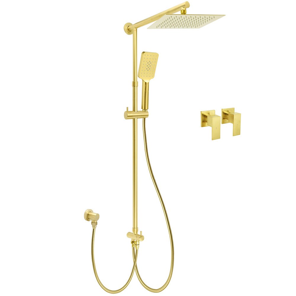 Brushed Gold Square 10" Rain Head 3 Mode Handheld Sliding Rail Wall Arm Dual Shower Taps Set - Furniture > Bathroom > Shower Heads & Screens - Rivercity House & Home Co. (ABN 18 642 972 209) - Affordable Modern Furniture Australia