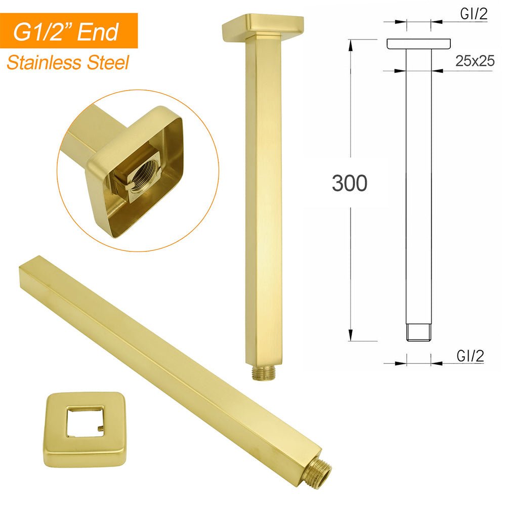Brushed Gold Square 10" Rainfall Shower Head 30cm Ceiling Dropper Extension Arm Set - Furniture > Bathroom > Shower Heads & Screens - Rivercity House & Home Co. (ABN 18 642 972 209) - Affordable Modern Furniture Australia
