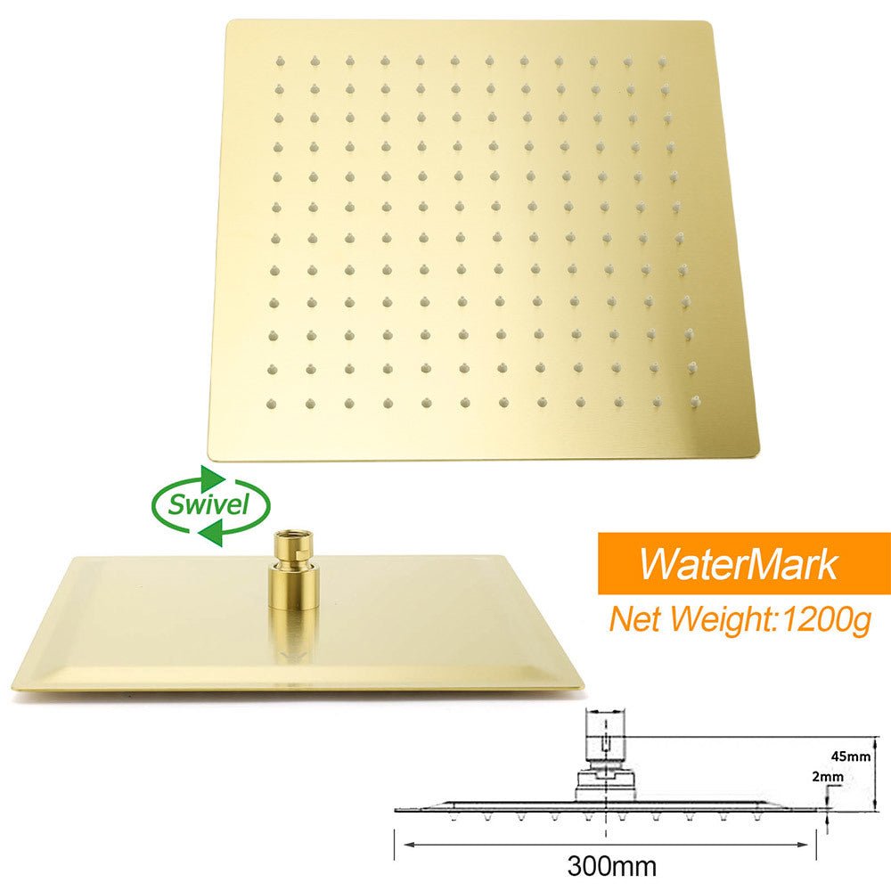 Brushed Gold Square 12" Large Rain Head 3 Mode Handheld Rose Sliding Rail Arm Twin Shower Set - Furniture > Bathroom > Shower Heads & Screens - Rivercity House & Home Co. (ABN 18 642 972 209) - Affordable Modern Furniture Australia