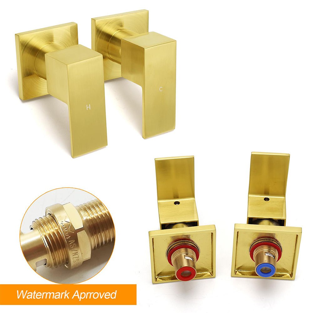 Brushed Gold Square 1/4 Turn Twin Taps Brass For Shower Head Wall Mounted Spout - Furniture > Bathroom > Shower Heads & Screens - Rivercity House & Home Co. (ABN 18 642 972 209) - Affordable Modern Furniture Australia