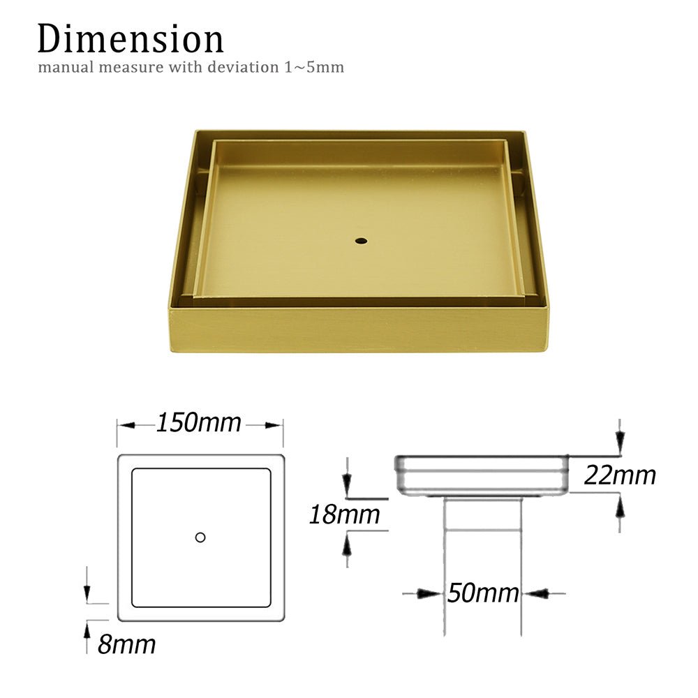 Brushed Gold Square 150x150mm Tile Insert Floor Drain Shower Grate 50mm Waste - Furniture > Bathroom > Shower Heads & Screens - Rivercity House & Home Co. (ABN 18 642 972 209) - Affordable Modern Furniture Australia