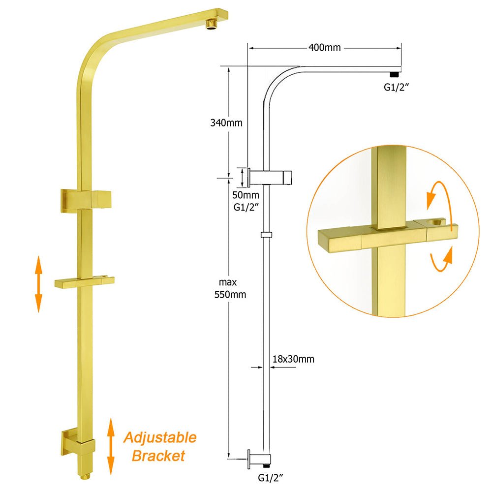 Brushed Gold Square Shower 10" Large Rain Head Handheld Silde Rail Arm 2in1 Set - Furniture > Bathroom > Shower Heads & Screens - Rivercity House & Home Co. (ABN 18 642 972 209) - Affordable Modern Furniture Australia