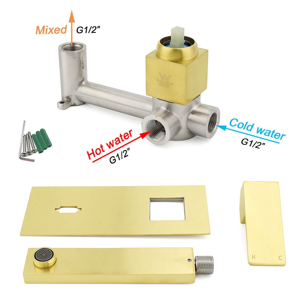 Brushed Gold Square Wall Mount Basin Mixer Laundry Vanity Tap Spout Faucet Set - Furniture > Bathroom > Shower Heads & Screens - Rivercity House & Home Co. (ABN 18 642 972 209) - Affordable Modern Furniture Australia