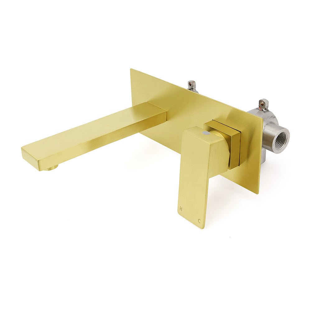 Brushed Gold Square Wall Mount Basin Mixer Laundry Vanity Tap Spout Faucet Set - Furniture > Bathroom > Shower Heads & Screens - Rivercity House & Home Co. (ABN 18 642 972 209) - Affordable Modern Furniture Australia