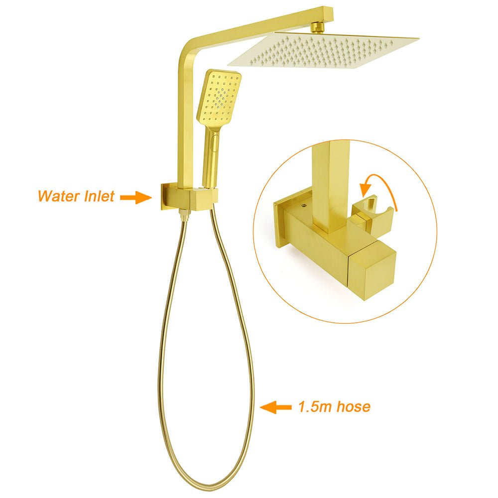 Brushed Gold Twin Shower 10" Rain Head Handheld Diverter Wall Arm Set Square Taps - Furniture > Bathroom > Shower Heads & Screens - Rivercity House & Home Co. (ABN 18 642 972 209) - Affordable Modern Furniture Australia