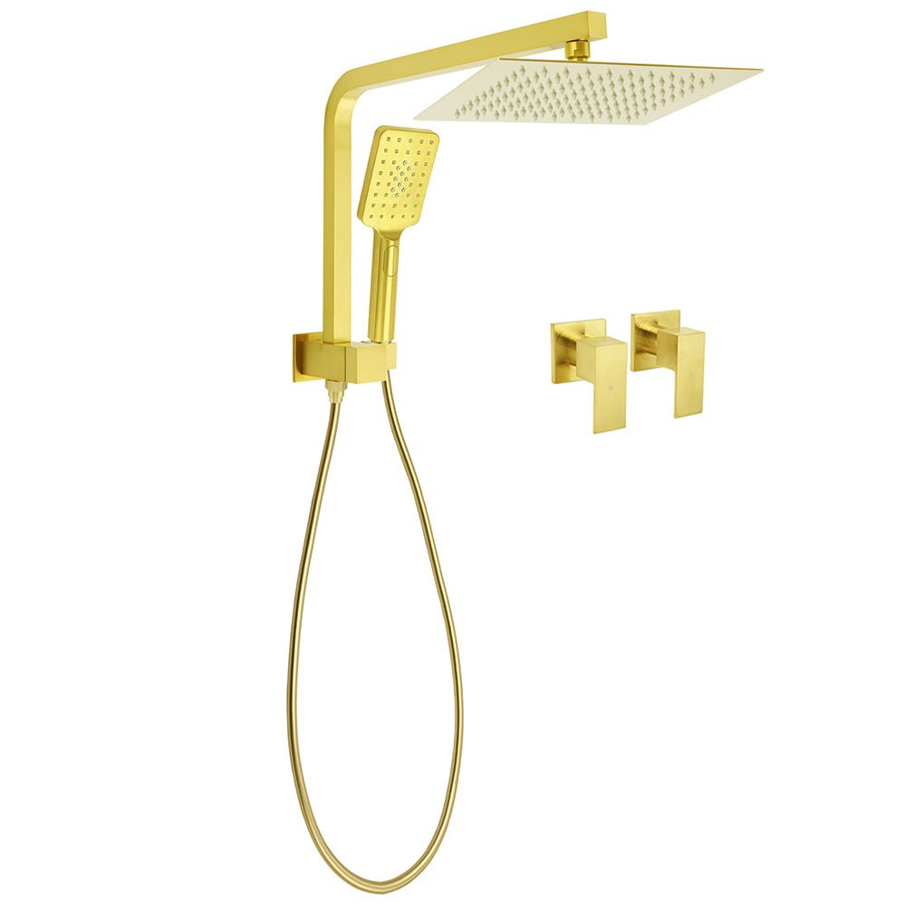 Brushed Gold Twin Shower 10" Rain Head Handheld Diverter Wall Arm Set Square Taps - Furniture > Bathroom > Shower Heads & Screens - Rivercity House & Home Co. (ABN 18 642 972 209) - Affordable Modern Furniture Australia