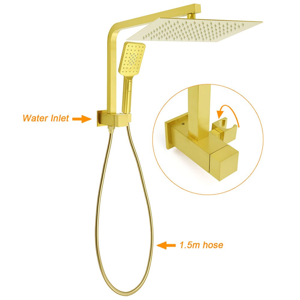 Brushed Gold Twin Shower 12" Rain Head Handheld Diverter Gooseneck Arm Set Square Wall Mixer - Furniture > Bathroom > Shower Heads & Screens - Rivercity House & Home Co. (ABN 18 642 972 209) - Affordable Modern Furniture Australia
