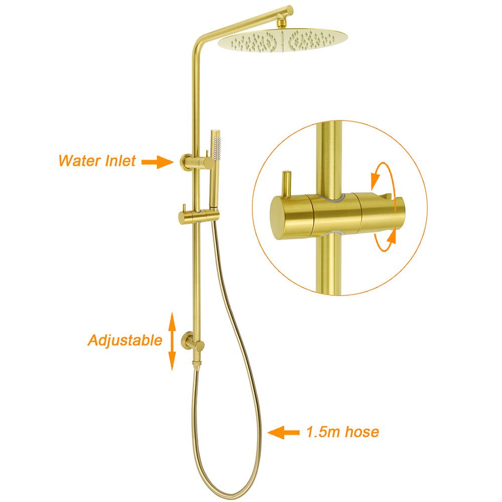 Brushed Gold Twin Shower Large Round 12" Rain Head Handheld Rose Silde Wall Rail Arm Small Face Mixer - Furniture > Bathroom > Shower Heads & Screens - Rivercity House & Home Co. (ABN 18 642 972 209) - Affordable Modern Furniture Australia