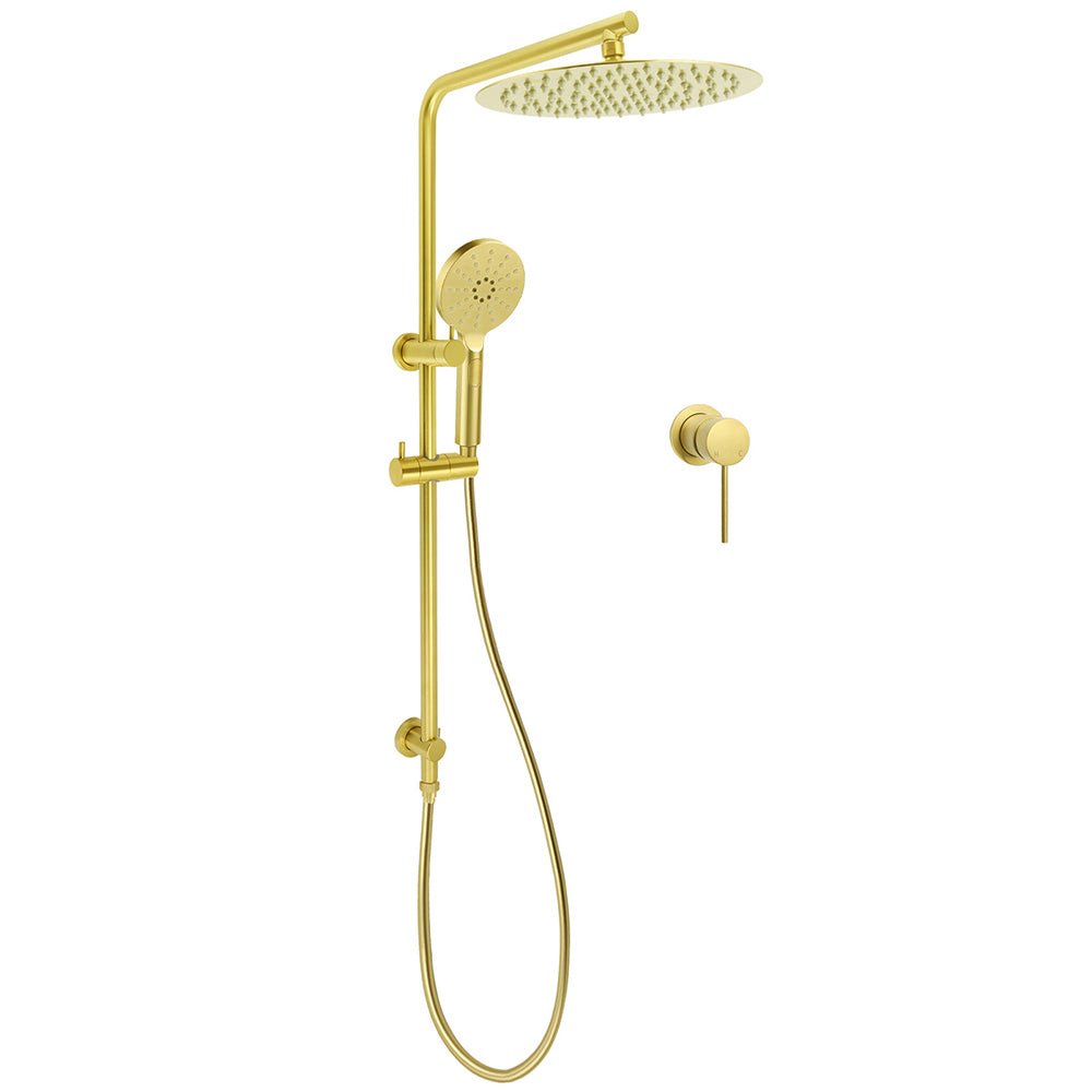 Brushed Gold Twin Shower Large Round 12" Rain Head Handheld Silde Wall Rail Arm Small Face Mixer - Furniture > Bathroom > Shower Heads & Screens - Rivercity House & Home Co. (ABN 18 642 972 209) - Affordable Modern Furniture Australia
