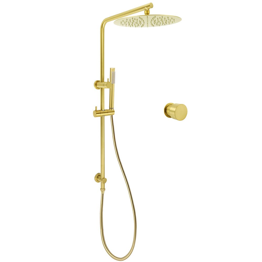 Brushed Gold Twin Shower Large Round 12" Rain Head Metal Rose Silde Wall Rail Arm Mixer Valve - Furniture > Bathroom > Shower Heads & Screens - Rivercity House & Home Co. (ABN 18 642 972 209) - Affordable Modern Furniture Australia