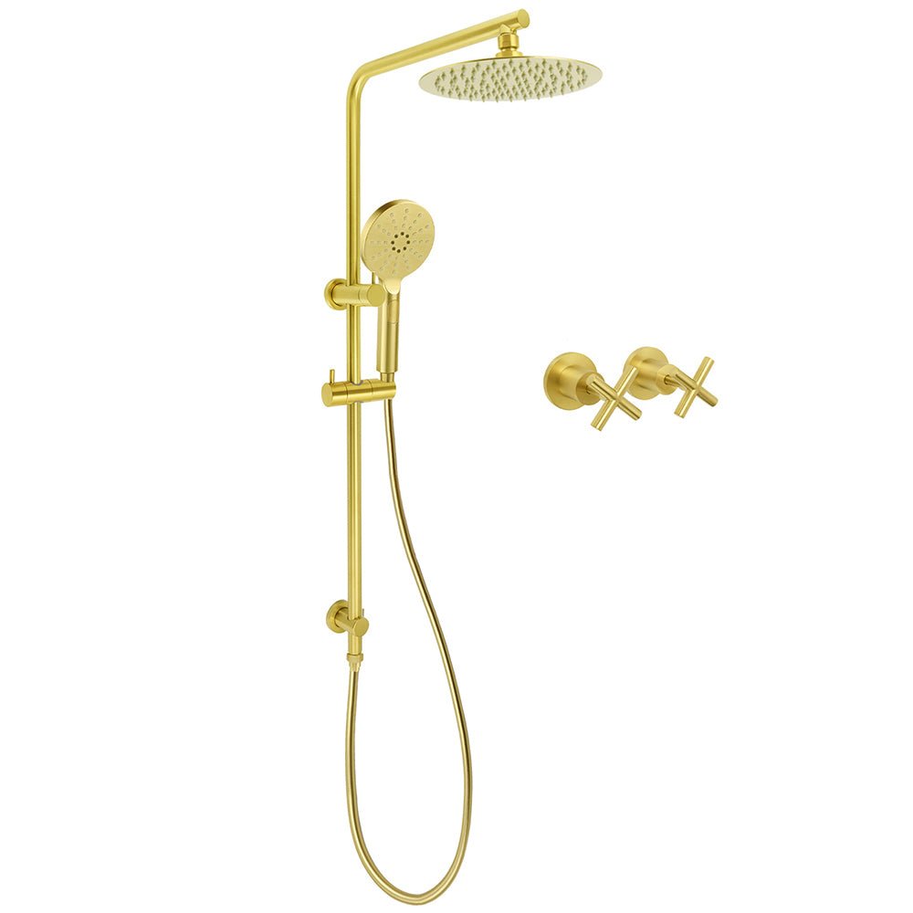 Brushed Gold Twin Shower Set 8" Round Head 3 Modes Handheld Sliding Rail Arm Classic Mixer - Furniture > Bathroom > Shower Heads & Screens - Rivercity House & Home Co. (ABN 18 642 972 209) - Affordable Modern Furniture Australia