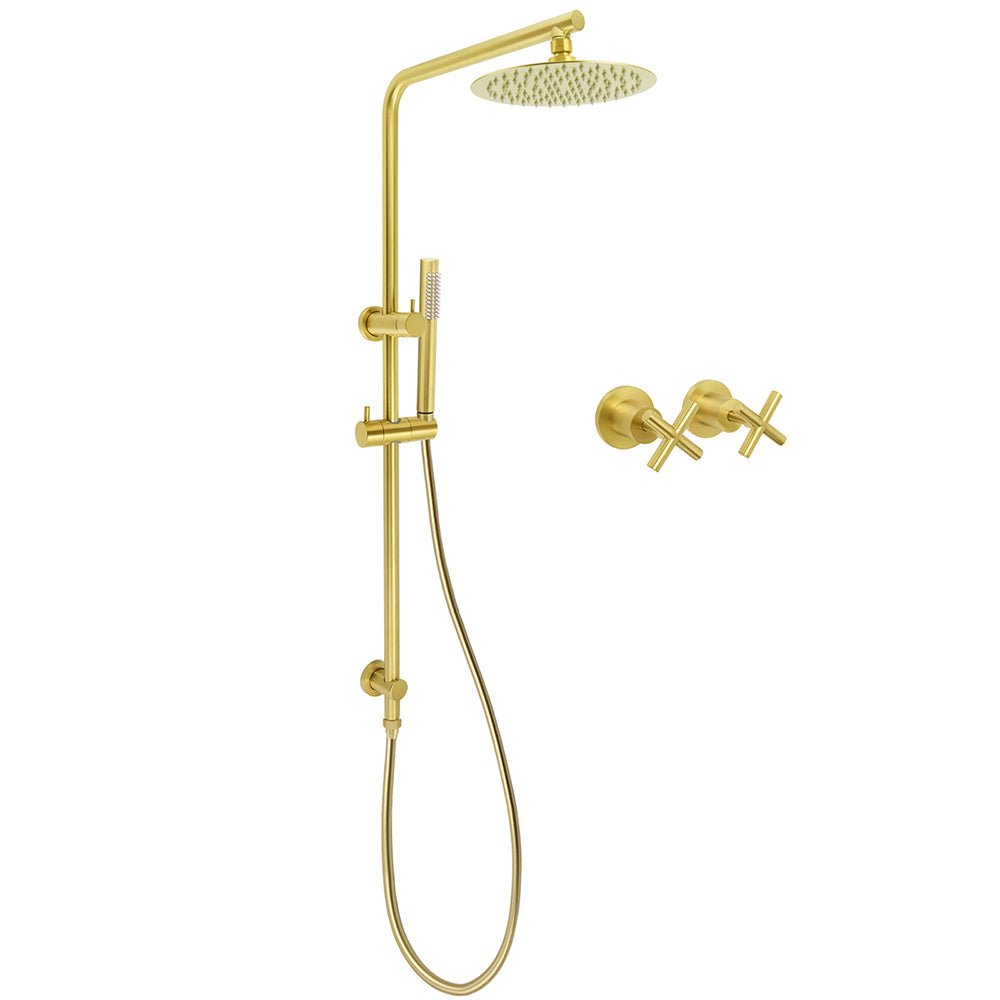 Brushed Gold Twin Shower Set 8" Round Head One Mode Handheld Sliding Rail Arm Classic Mixer - Furniture > Bathroom > Shower Heads & Screens - Rivercity House & Home Co. (ABN 18 642 972 209) - Affordable Modern Furniture Australia