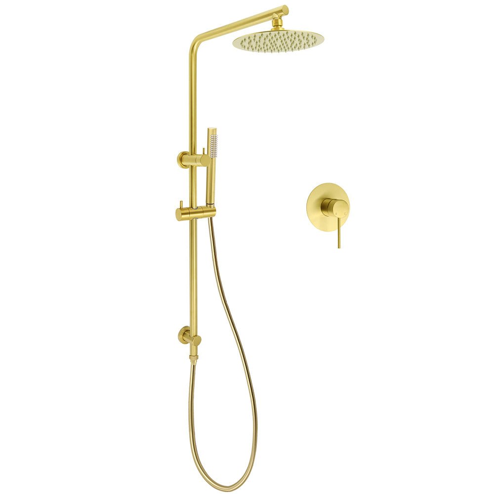 Brushed Gold Twin Shower Set 8" Round Head Single Mode Handheld Sliding Rail Arm + Wall Mixer - Furniture > Bathroom > Shower Heads & Screens - Rivercity House & Home Co. (ABN 18 642 972 209) - Affordable Modern Furniture Australia