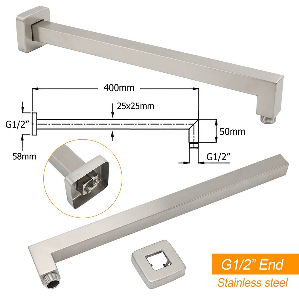 Brushed Nickel 12" Square Rainfall Shower Head + 400mm Straight Wall Mount Arm - Furniture > Bathroom > Shower Heads & Screens - Rivercity House & Home Co. (ABN 18 642 972 209) - Affordable Modern Furniture Australia