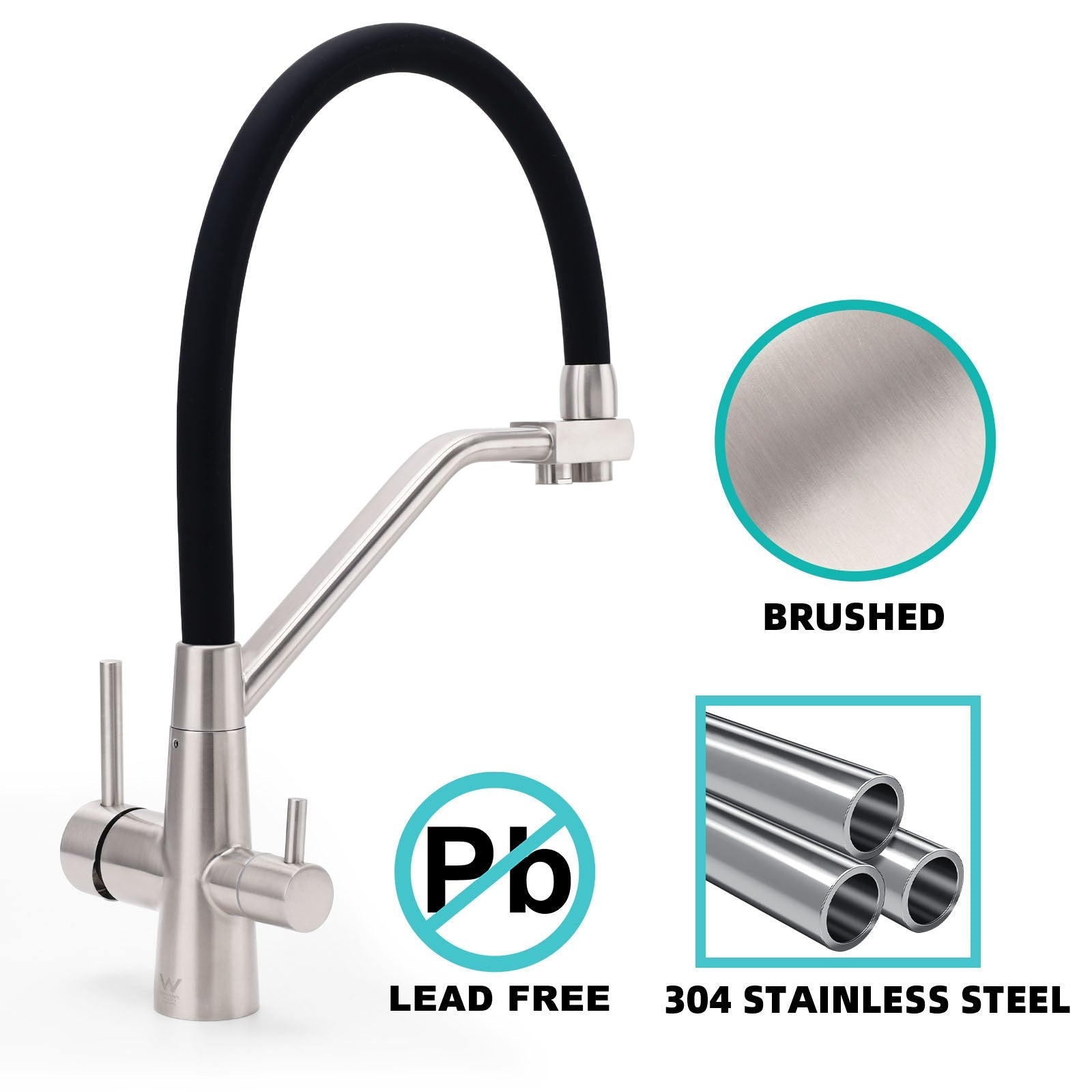 Brushed Nickel 3 Way Pull Down Kitchen Mixer Pure Drinking Water Sink Tap Spout - Furniture > Bathroom > Tap & Sink Accessories - Rivercity House & Home Co. (ABN 18 642 972 209) - Affordable Modern Furniture Australia