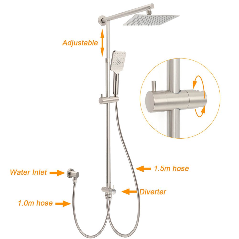 Brushed Nickel 8" Rain Head Shower Square 3 Modes Handheld Sliding Rail Arm Mixer Dual Set - Furniture > Bathroom > Shower Heads & Screens - Rivercity House & Home Co. (ABN 18 642 972 209) - Affordable Modern Furniture Australia