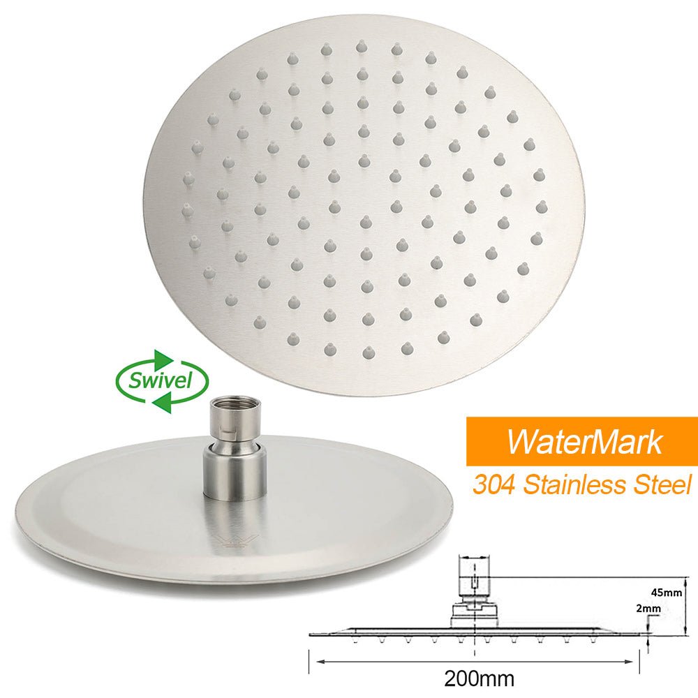 Brushed Nickel 8" Round Rainfall Shower Head 360°Swivel Gooseneck Wall Arm Set - Furniture > Bathroom > Shower Heads & Screens - Rivercity House & Home Co. (ABN 18 642 972 209) - Affordable Modern Furniture Australia