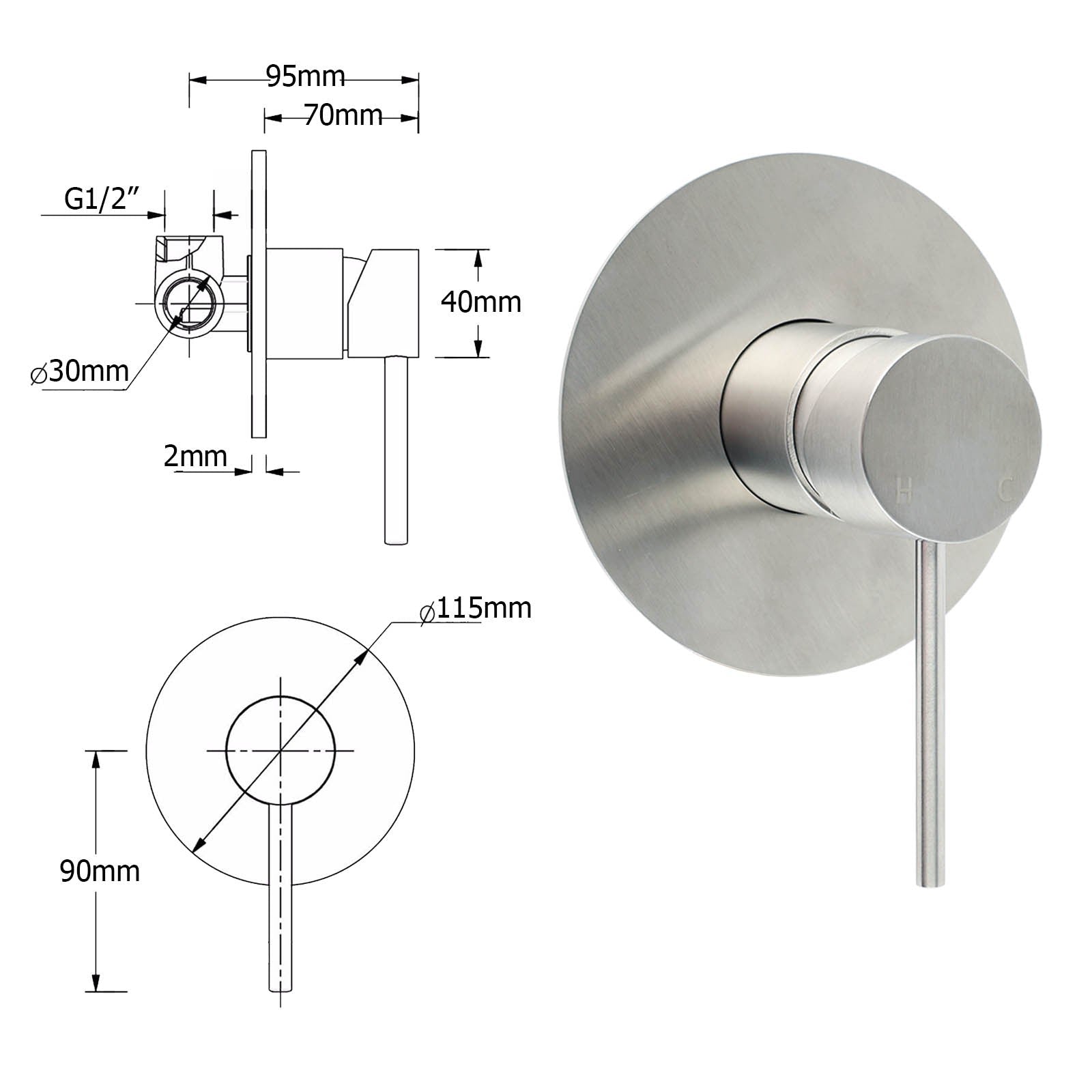 Brushed Nickel Bath Shower Mixer Hot Cold Tap Ceramic Cartridge Spindle Round - Furniture > Bathroom > Shower Heads & Screens - Rivercity House & Home Co. (ABN 18 642 972 209) - Affordable Modern Furniture Australia