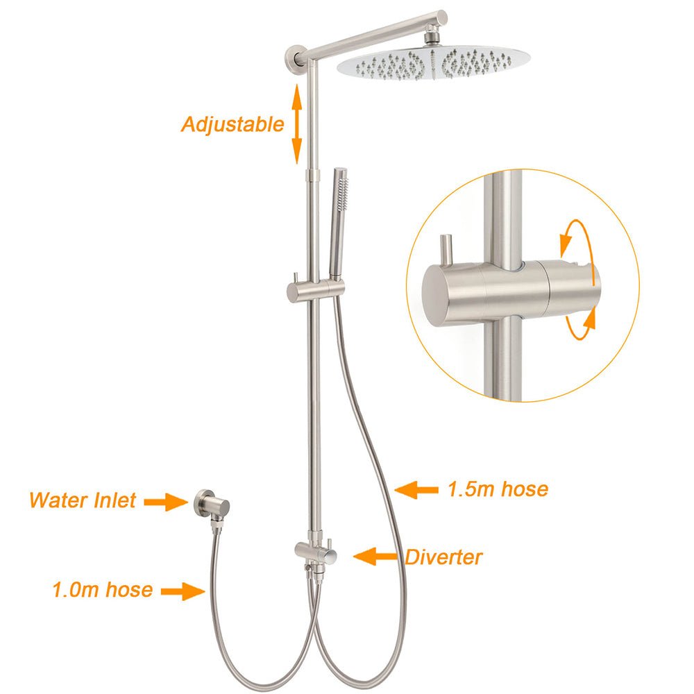 Brushed Nickel Dual Round 12" Stainless Steel Rain Shower Head Metal Handheld Sliding Rail Arm Set - Furniture > Bathroom > Shower Heads & Screens - Rivercity House & Home Co. (ABN 18 642 972 209) - Affordable Modern Furniture Australia