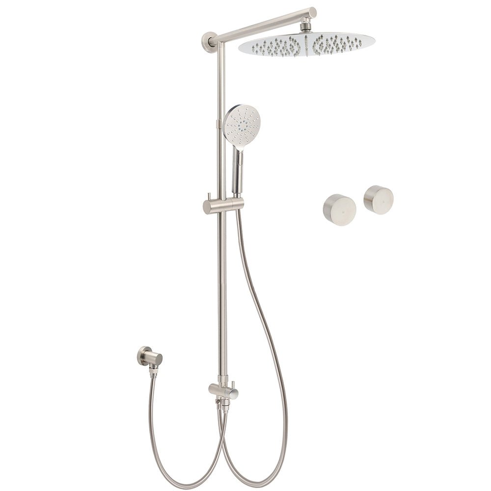 Brushed Nickel Round 12" Large Rain Head Shower Handheld Sliding Rail Arm Chrome Set + Twin Taps - Furniture > Bathroom > Shower Heads & Screens - Rivercity House & Home Co. (ABN 18 642 972 209) - Affordable Modern Furniture Australia