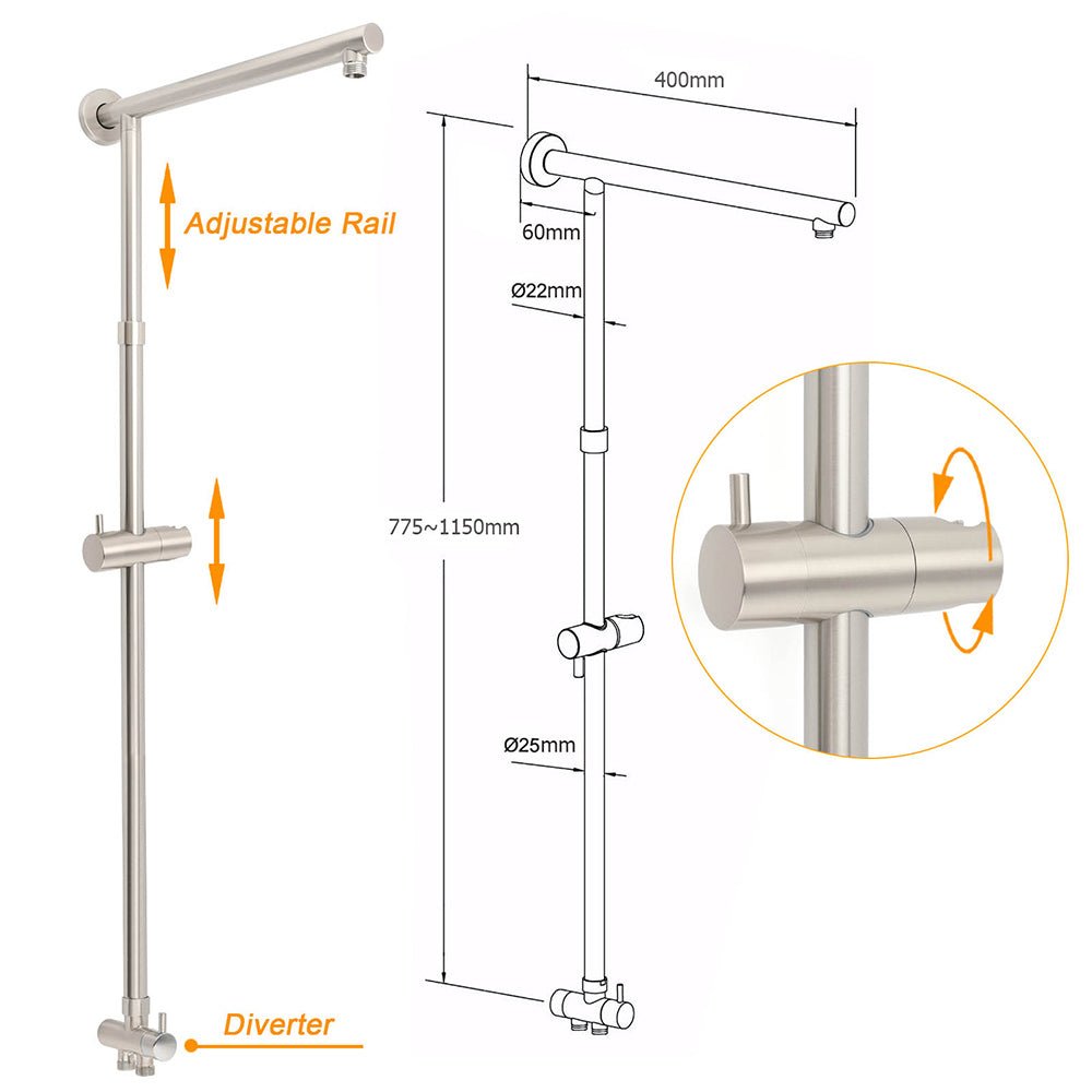 Brushed Nickel Round 12" Rainfall Head Shower Handheld Sliding Rail Small Face Mixer 2in1 Set - Furniture > Bathroom > Shower Heads & Screens - Rivercity House & Home Co. (ABN 18 642 972 209) - Affordable Modern Furniture Australia