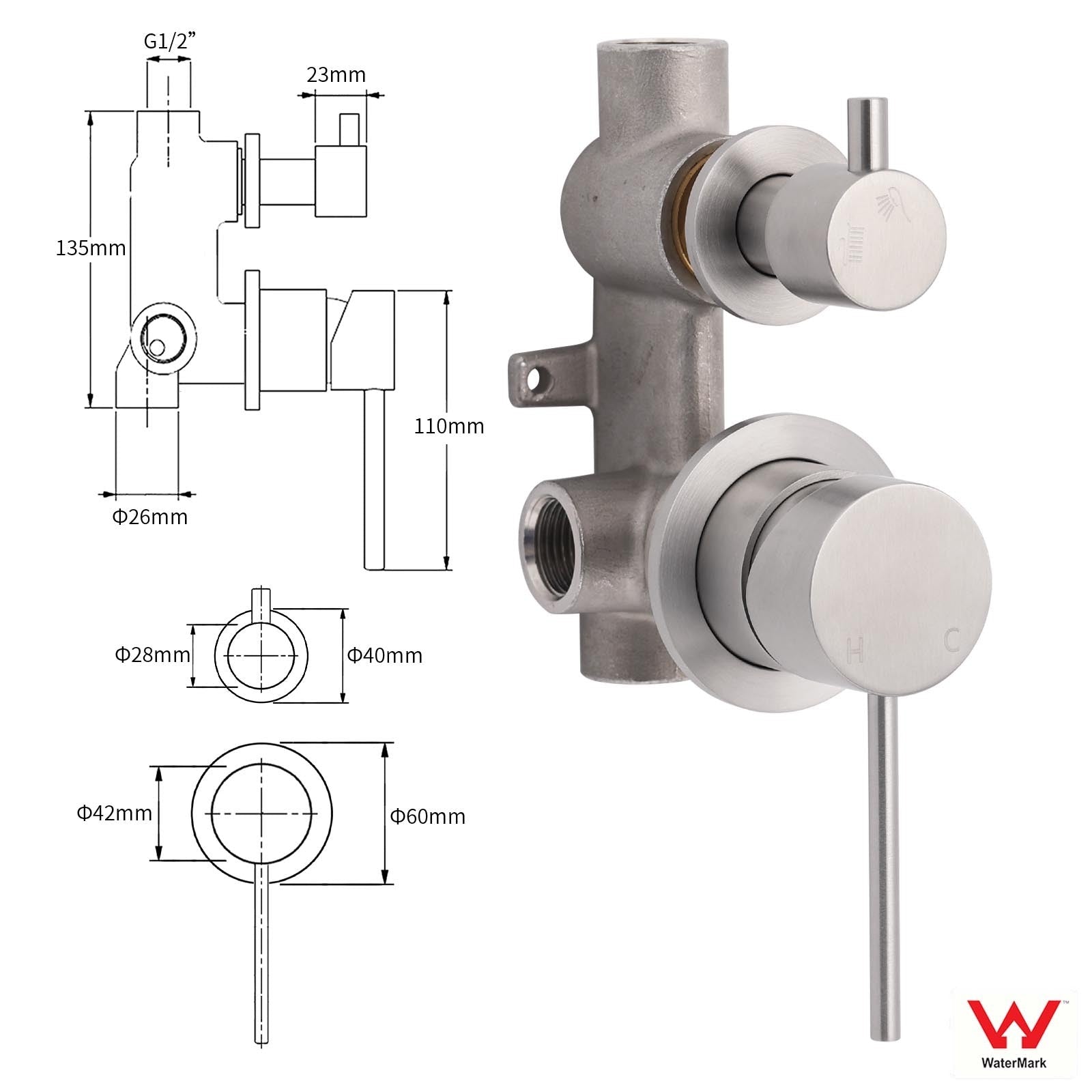 Brushed Nickel Round Bathroom Small Face Shower Mixer 2 Way Diverter Switch Set - Furniture > Bathroom > Shower Heads & Screens - Rivercity House & Home Co. (ABN 18 642 972 209) - Affordable Modern Furniture Australia