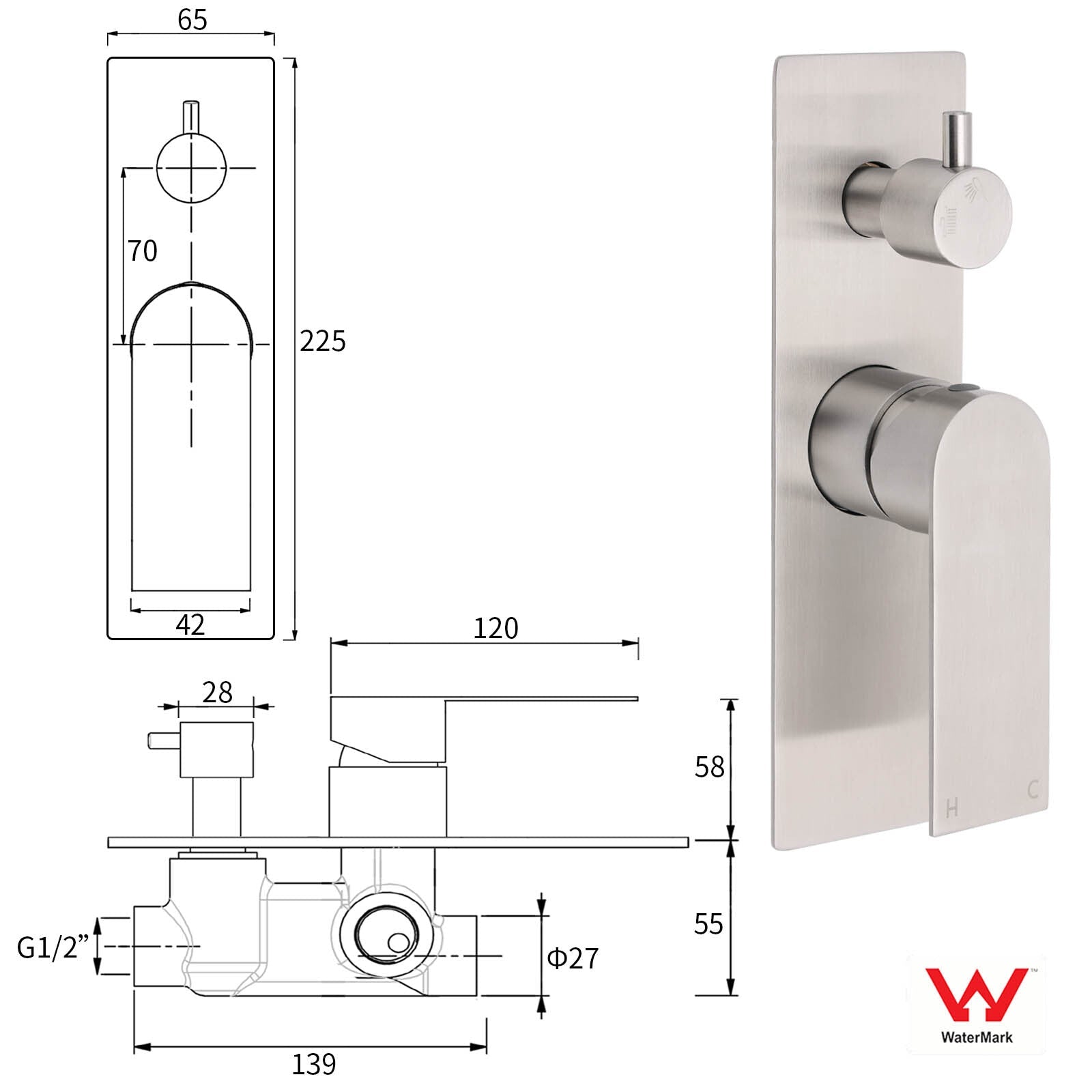 Brushed Nickel Silver Square Stylish 1/2inch Shower Mixer Diverter 2 Way Switch - Furniture > Bathroom > Shower Heads & Screens - Rivercity House & Home Co. (ABN 18 642 972 209) - Affordable Modern Furniture Australia