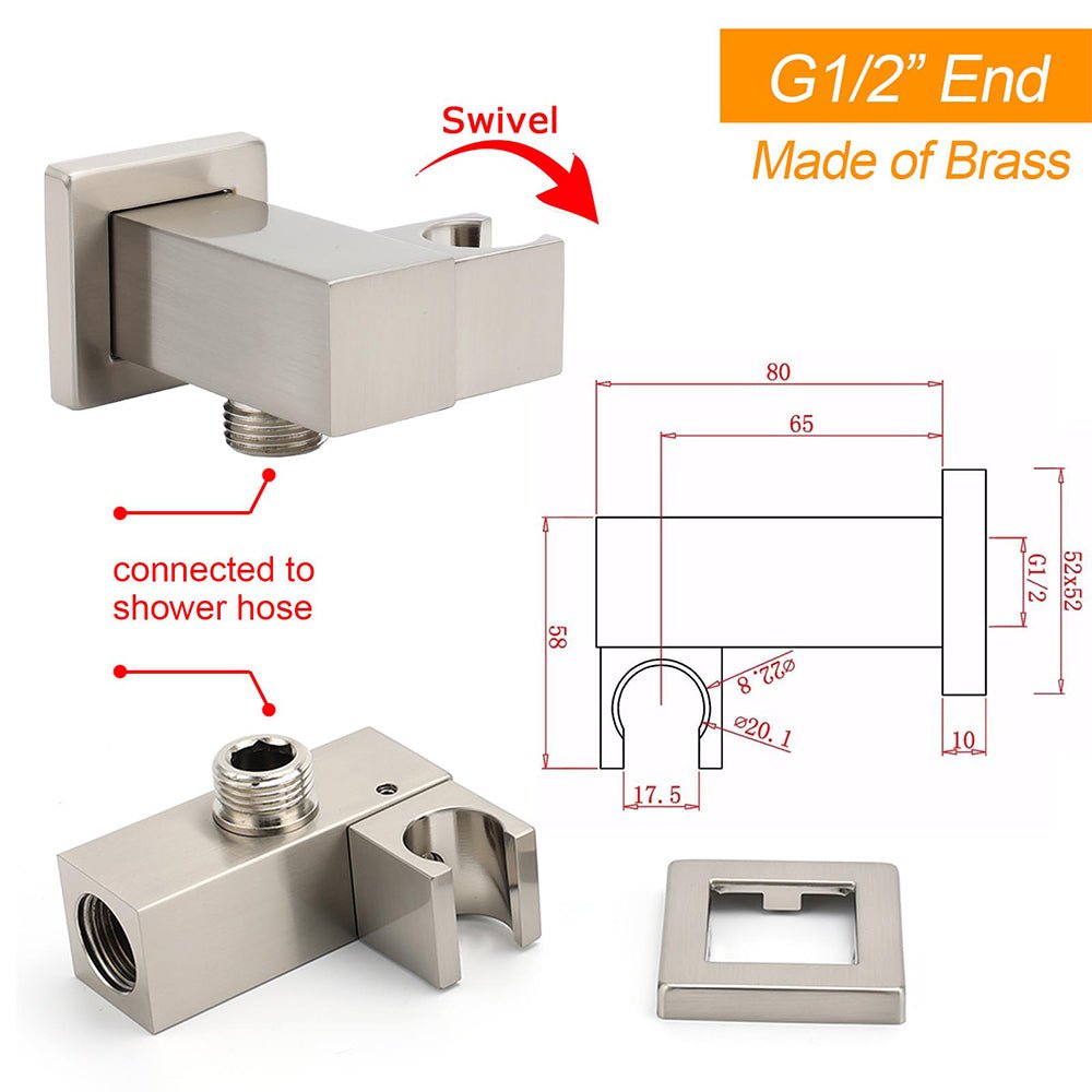 Brushed Nickel Square Bracket Flexible Shower Head Holder Wall Connector 1/2" End Thread - Furniture > Bathroom > Shower Heads & Screens - Rivercity House & Home Co. (ABN 18 642 972 209) - Affordable Modern Furniture Australia