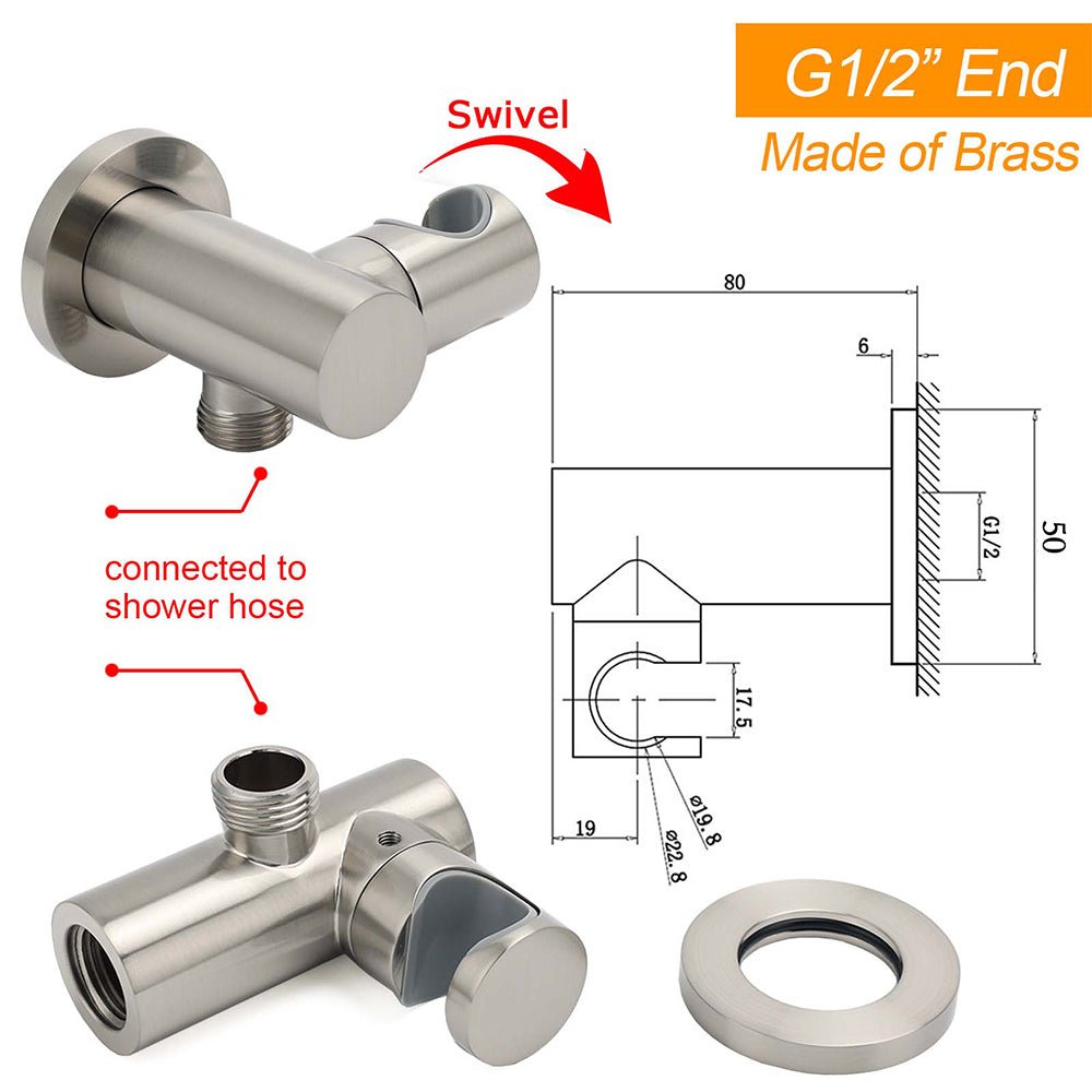 Brushed Nickel Water Inlet Handheld Shower Swivel Bracket Holder Wall Elbow Connector - Furniture > Bathroom > Shower Heads & Screens - Rivercity House & Home Co. (ABN 18 642 972 209) - Affordable Modern Furniture Australia