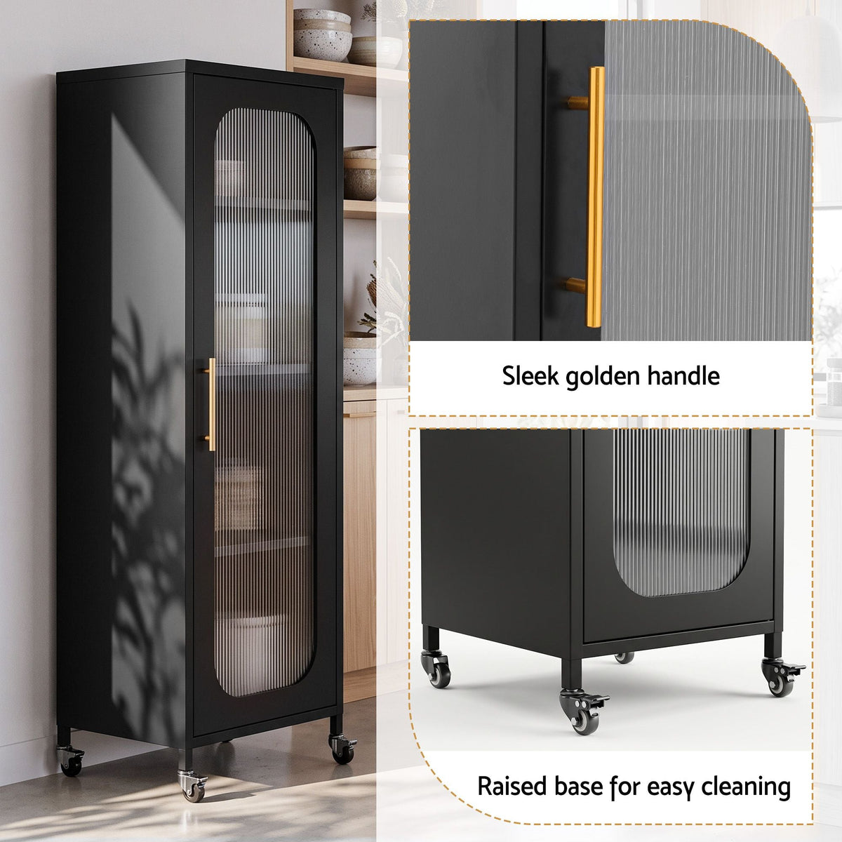 Buffet Cabinet Sideboard x2 Slim Kitchen Storage Trolley with Wheels - Black - Furniture > Dining > Kitchen & Dining Trolleys - Rivercity House & Home Co. (ABN 18 642 972 209) - Affordable Modern Furniture Australia