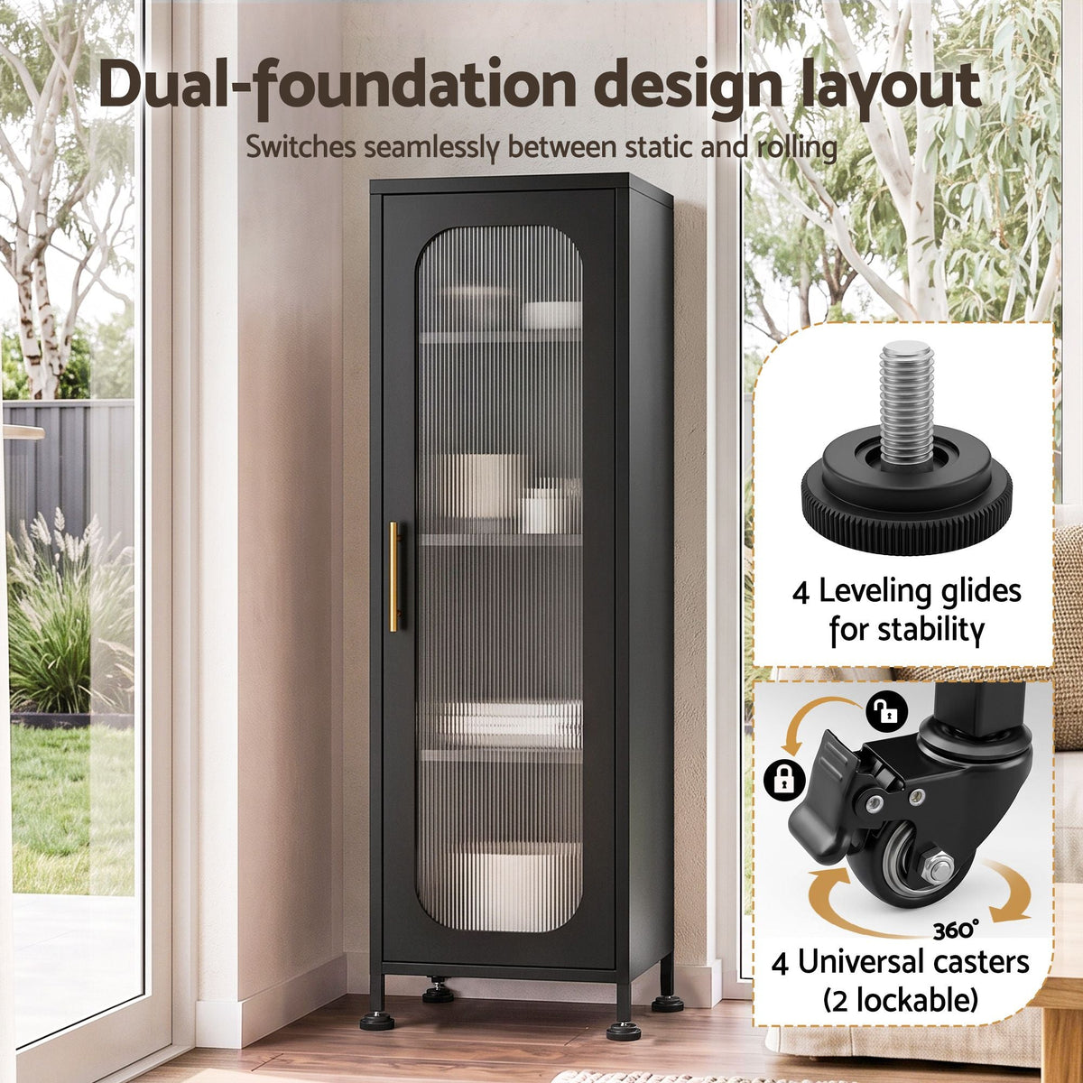Buffet Cabinet Sideboard x2 Slim Kitchen Storage Trolley with Wheels - Black - Furniture > Dining > Kitchen & Dining Trolleys - Rivercity House & Home Co. (ABN 18 642 972 209) - Affordable Modern Furniture Australia