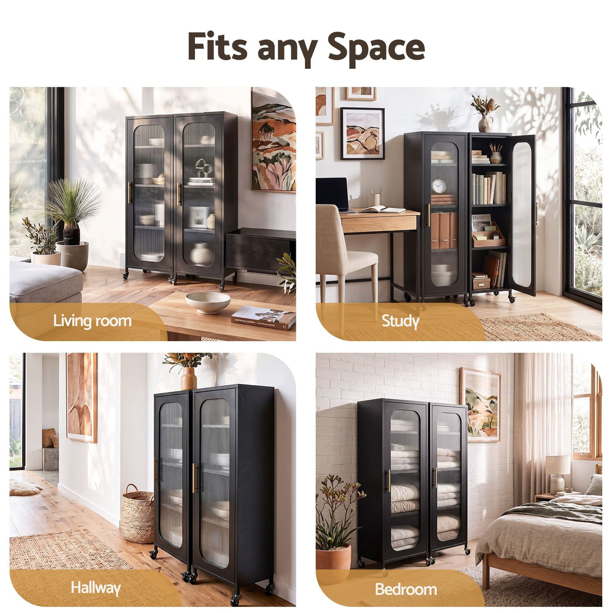 Buffet Cabinet Sideboard x2 Slim Kitchen Storage Trolley with Wheels - Black - Furniture > Dining > Kitchen & Dining Trolleys - Rivercity House & Home Co. (ABN 18 642 972 209) - Affordable Modern Furniture Australia
