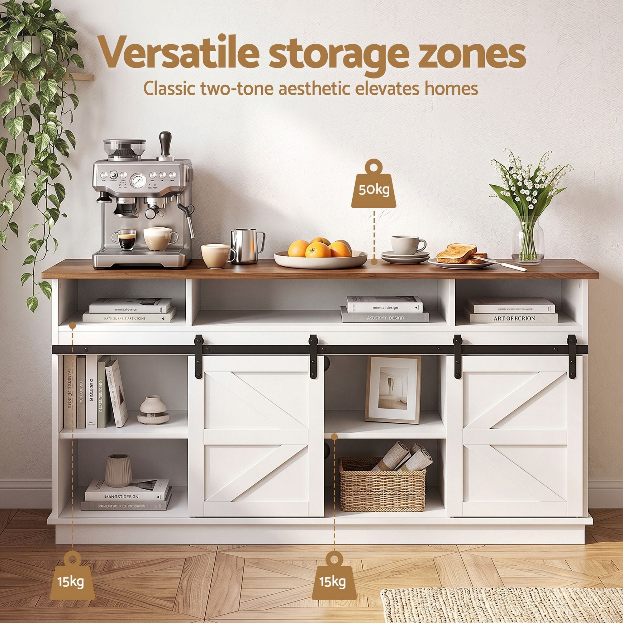 Buffet Sideboard Cabinet 150cm 3-Tier Kitchen Storage Sliding Doors White - Furniture > Bathroom > Sinks - Rivercity House & Home Co. (ABN 18 642 972 209) - Affordable Modern Furniture Australia
