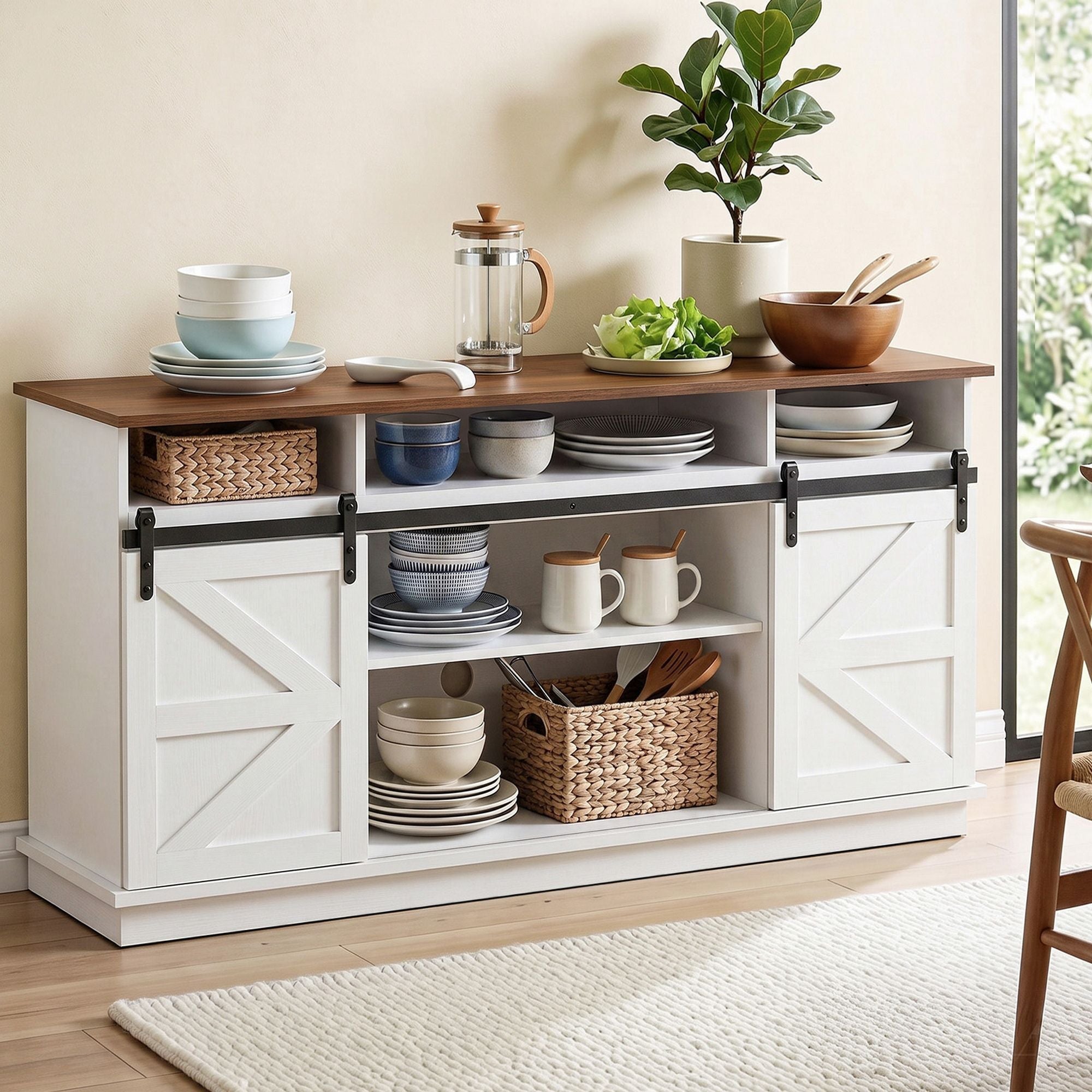 Buffet Sideboard Cabinet 150cm 3-Tier Kitchen Storage Sliding Doors White - Furniture > Bathroom > Sinks - Rivercity House & Home Co. (ABN 18 642 972 209) - Affordable Modern Furniture Australia