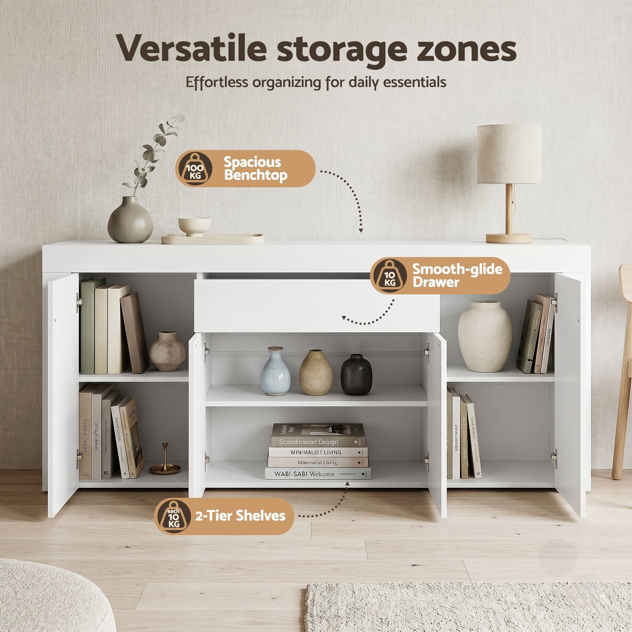 Buffet Sideboard Cabinet 180cm Cupboard Pantry Storage Drawer White DANA - Furniture > Dining > Buffets & Sideboards - Rivercity House & Home Co. (ABN 18 642 972 209) - Affordable Modern Furniture Australia