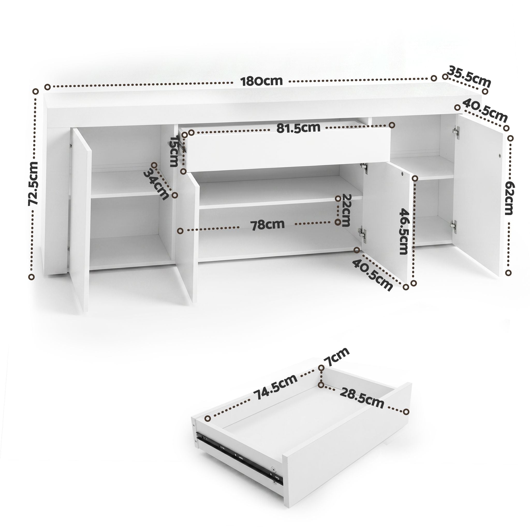 Buffet Sideboard Cabinet 180cm Cupboard Pantry Storage Drawer White DANA - Furniture > Dining > Buffets & Sideboards - Rivercity House & Home Co. (ABN 18 642 972 209) - Affordable Modern Furniture Australia