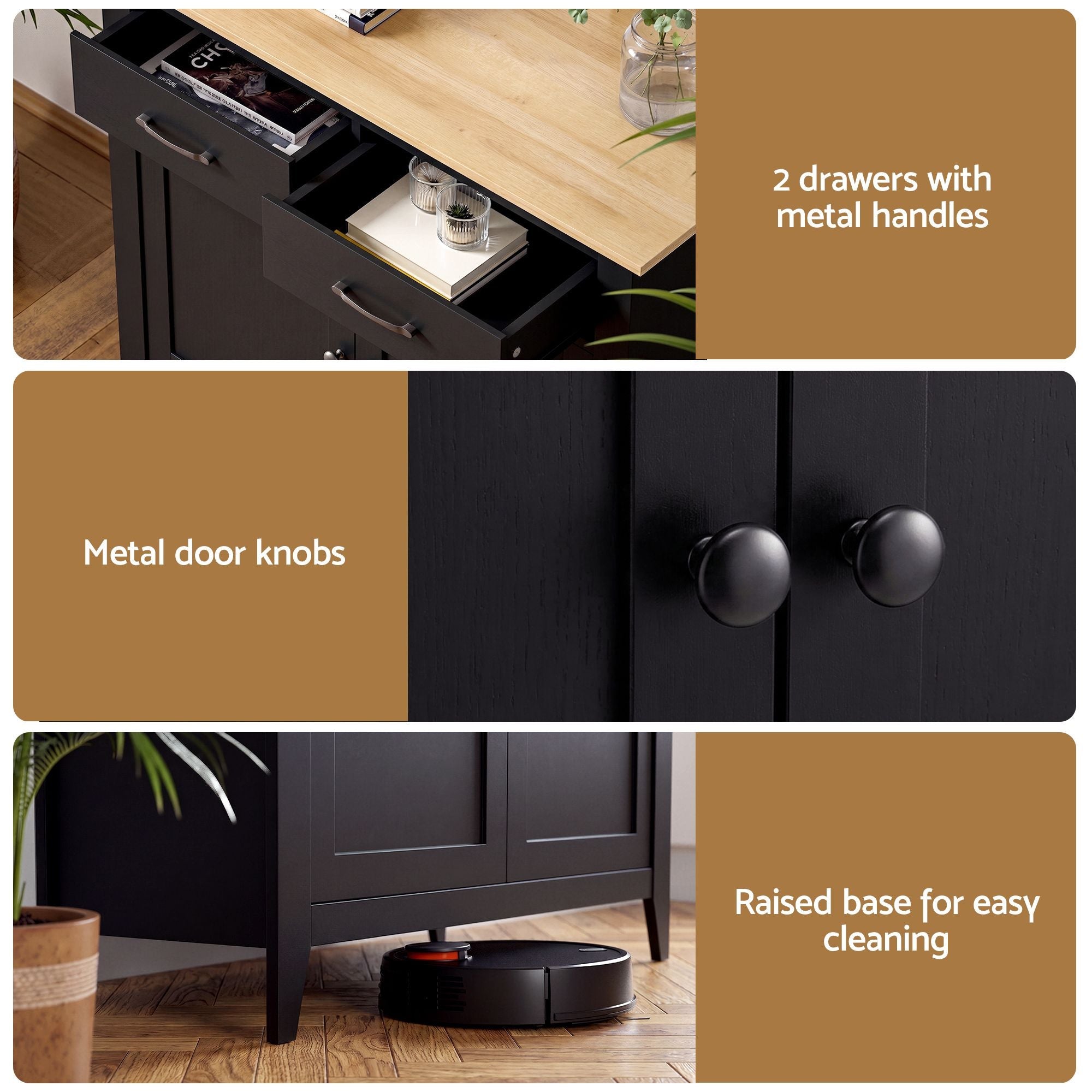 Buffet Sideboard Cabinet 90cm with 2 Drawers and Shelves - Black - Furniture > Dining > Buffets & Sideboards - Rivercity House & Home Co. (ABN 18 642 972 209) - Affordable Modern Furniture Australia