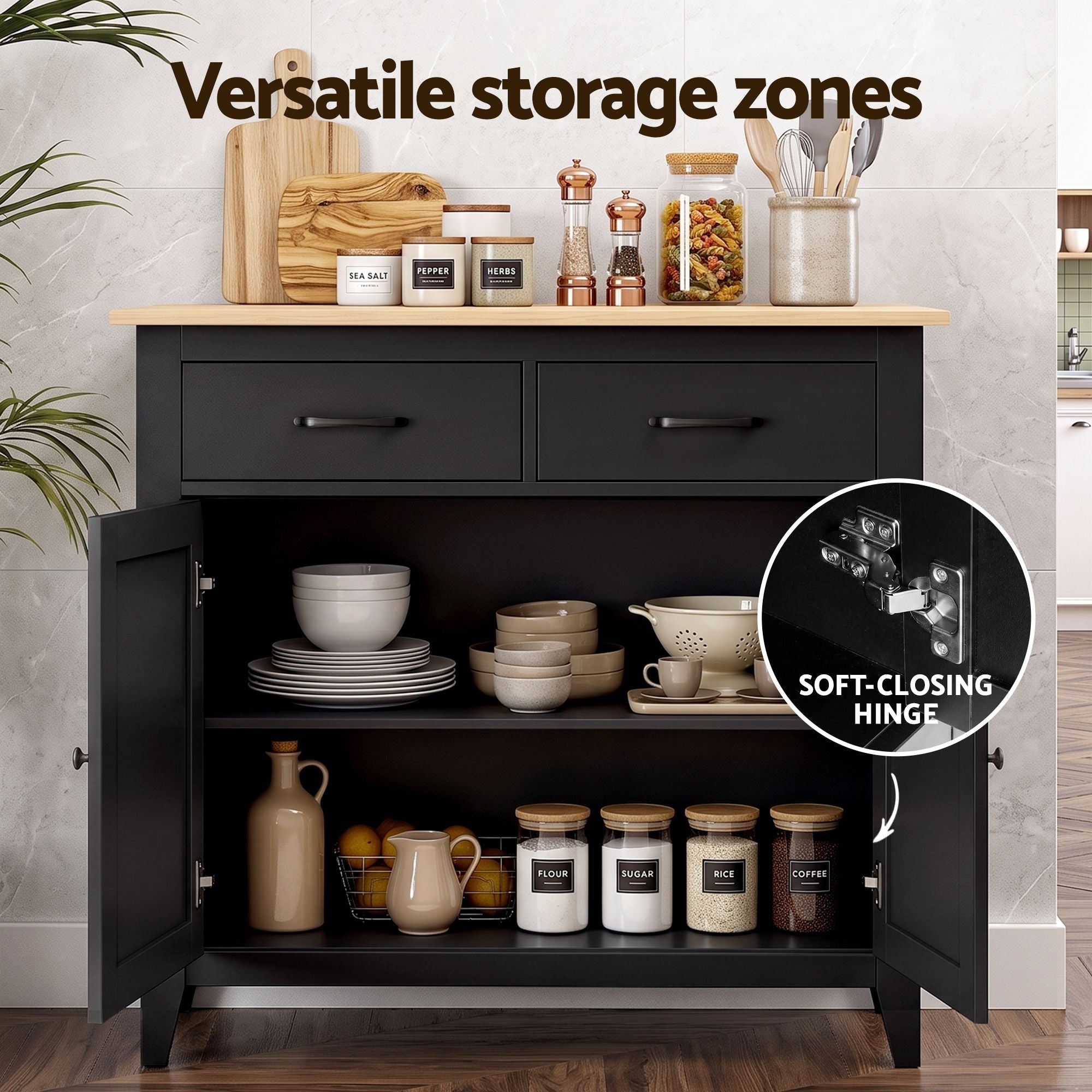 Buffet Sideboard Cabinet 90cm with 2 Drawers and Shelves - Black - Furniture > Dining > Buffets & Sideboards - Rivercity House & Home Co. (ABN 18 642 972 209) - Affordable Modern Furniture Australia