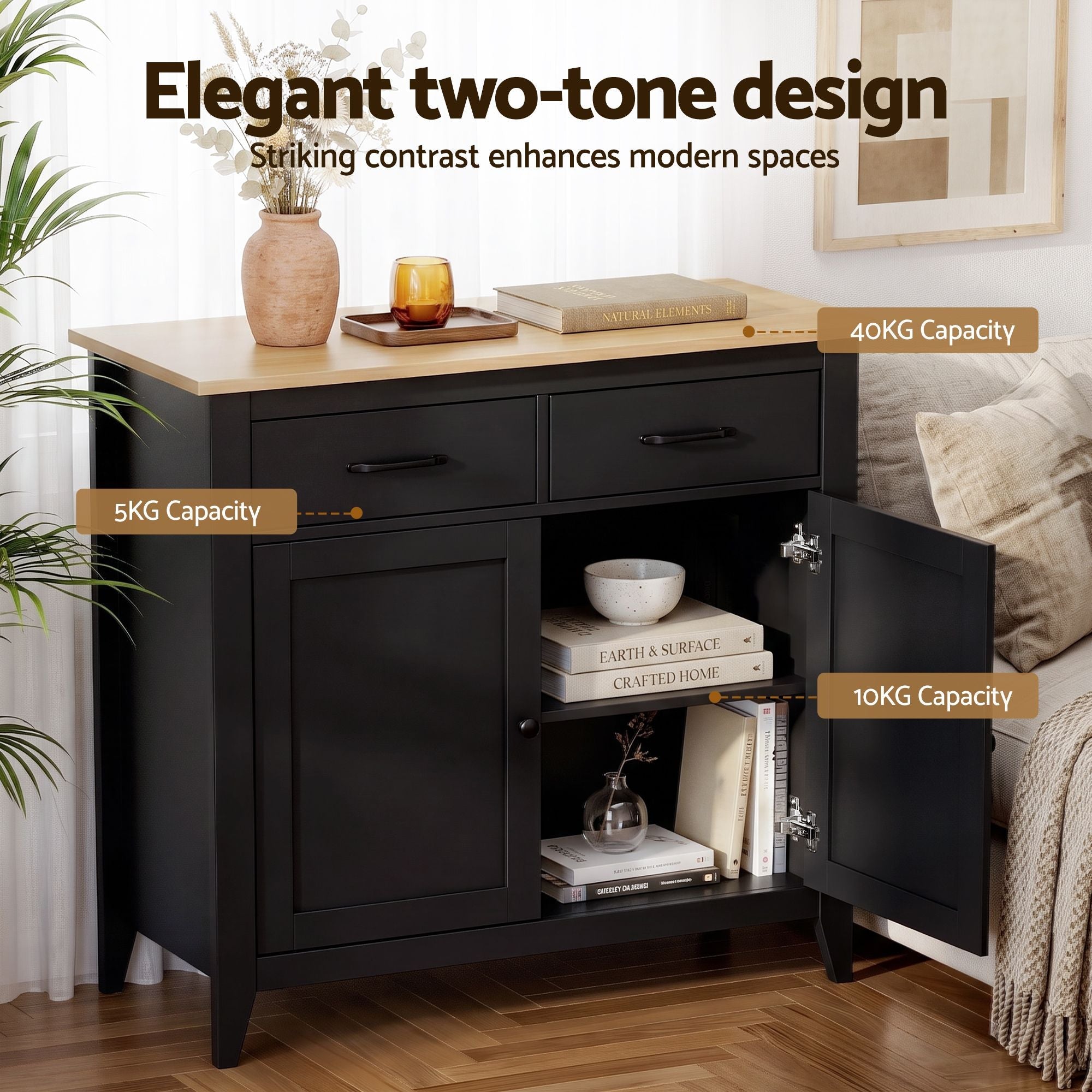 Buffet Sideboard Cabinet 90cm with 2 Drawers and Shelves - Black - Furniture > Dining > Buffets & Sideboards - Rivercity House & Home Co. (ABN 18 642 972 209) - Affordable Modern Furniture Australia