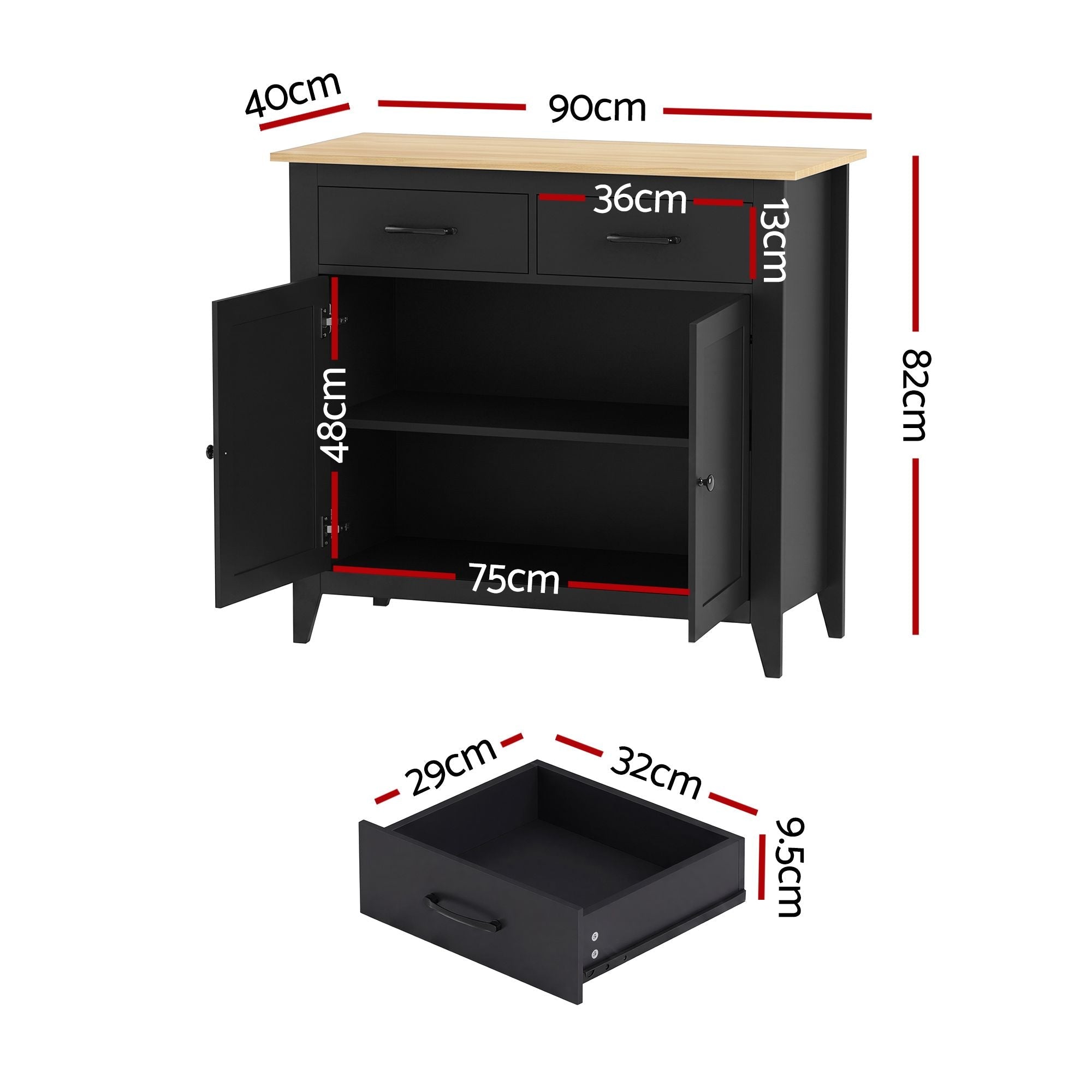 Buffet Sideboard Cabinet 90cm with 2 Drawers and Shelves - Black - Furniture > Dining > Buffets & Sideboards - Rivercity House & Home Co. (ABN 18 642 972 209) - Affordable Modern Furniture Australia