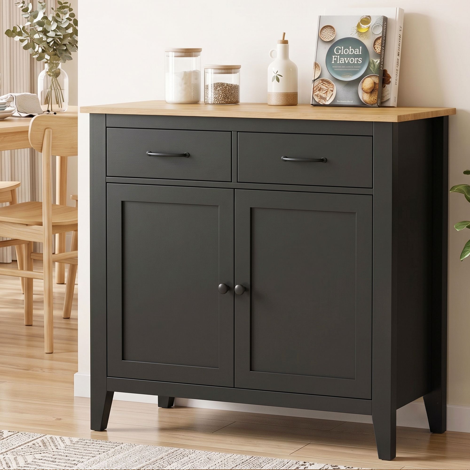 Buffet Sideboard Cabinet 90cm with 2 Drawers and Shelves - Black - Furniture > Dining > Buffets & Sideboards - Rivercity House & Home Co. (ABN 18 642 972 209) - Affordable Modern Furniture Australia