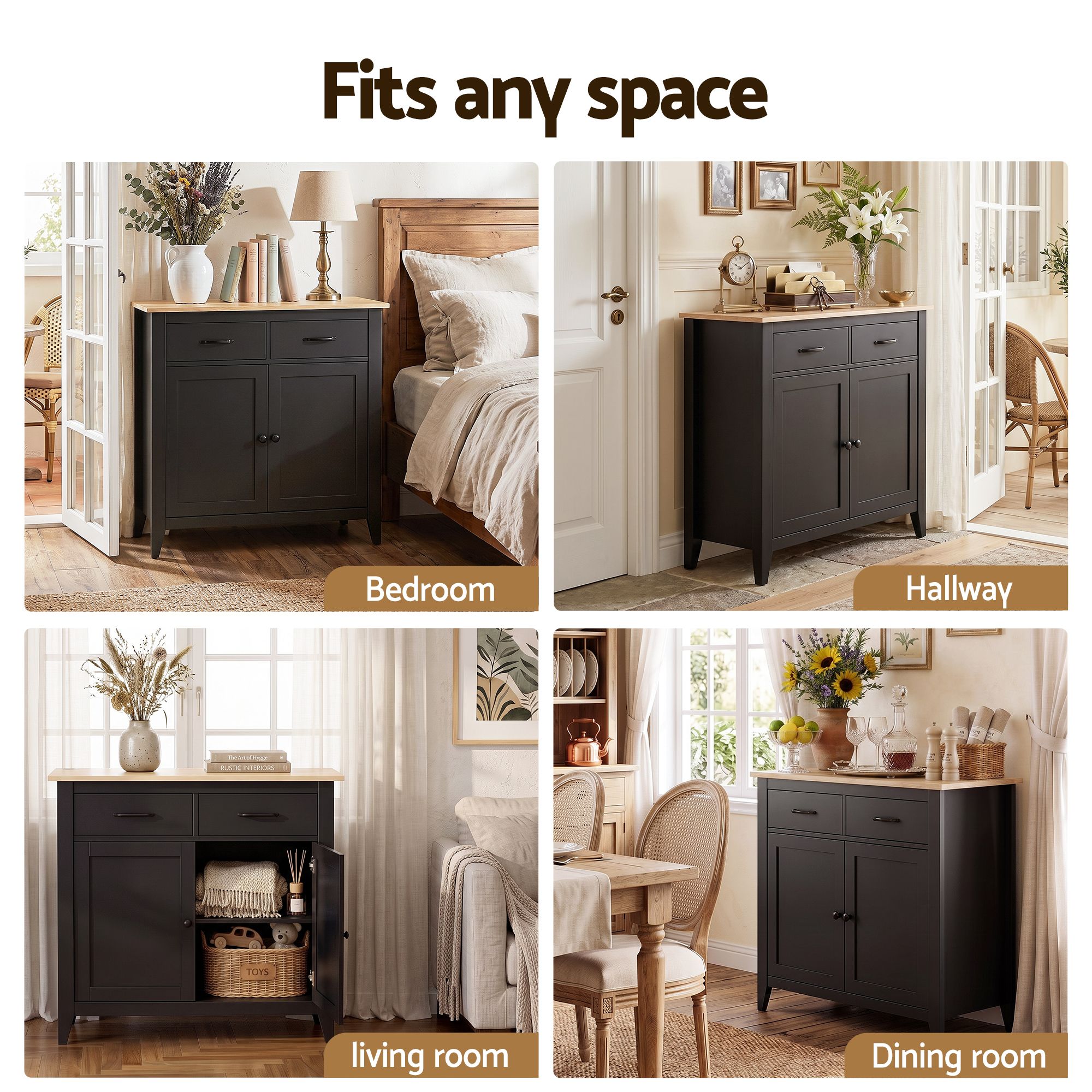 Buffet Sideboard Cabinet 90cm with 2 Drawers and Shelves - Black - Furniture > Dining > Buffets & Sideboards - Rivercity House & Home Co. (ABN 18 642 972 209) - Affordable Modern Furniture Australia