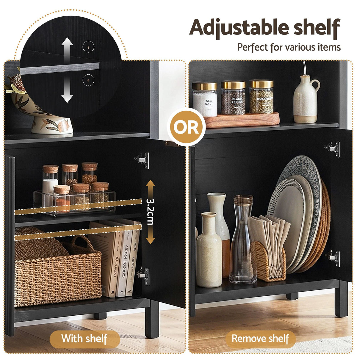 Buffet Sideboard Cabinet Pantry 180cm with Arched Storage and Bookshelf - Black - Furniture > Dining > Buffets & Sideboards - Rivercity House & Home Co. (ABN 18 642 972 209) - Affordable Modern Furniture Australia