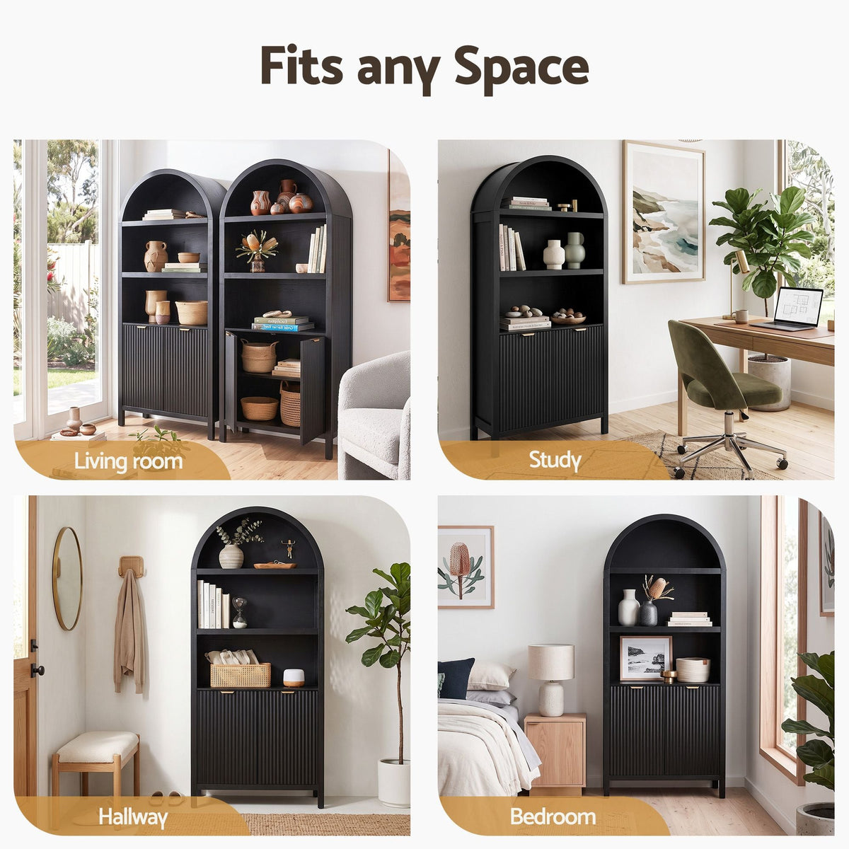 Buffet Sideboard Cabinet Pantry 180cm with Arched Storage and Bookshelf - Black - Furniture > Dining > Buffets & Sideboards - Rivercity House & Home Co. (ABN 18 642 972 209) - Affordable Modern Furniture Australia