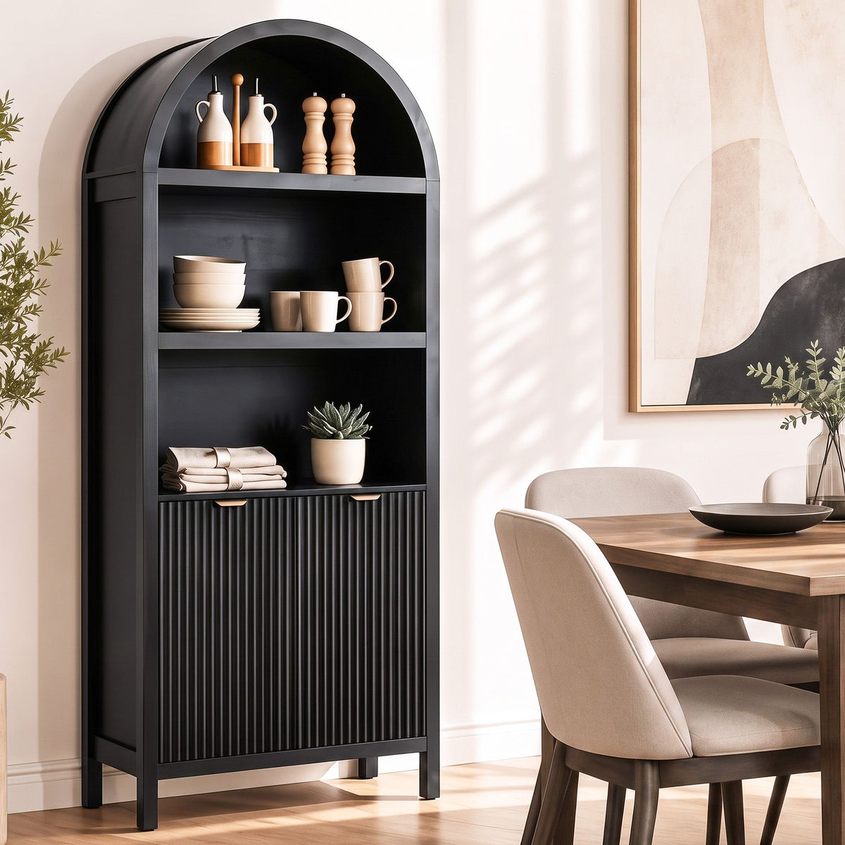 Buffet Sideboard Cabinet Pantry 180cm with Arched Storage and Bookshelf - Black - Furniture > Dining > Buffets & Sideboards - Rivercity House & Home Co. (ABN 18 642 972 209) - Affordable Modern Furniture Australia
