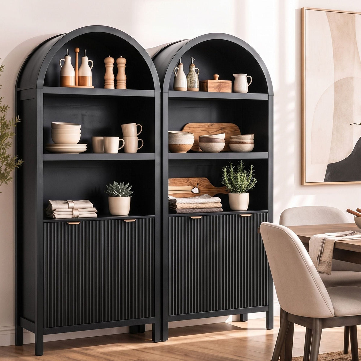 Buffet Sideboard Cabinet Pantry 180cm with Arched Storage and Bookshelf - Black (Set of 2) - Furniture > Dining > Buffets & Sideboards - Rivercity House & Home Co. (ABN 18 642 972 209) - Affordable Modern Furniture Australia