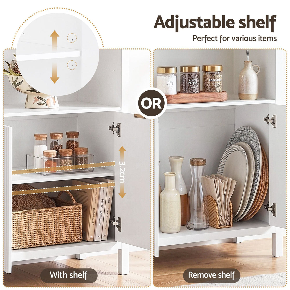 Buffet Sideboard Cabinet Pantry 180cm with Arched Storage and Bookshelf - White (Set of 2) - Furniture > Dining > Buffets & Sideboards - Rivercity House & Home Co. (ABN 18 642 972 209) - Affordable Modern Furniture Australia