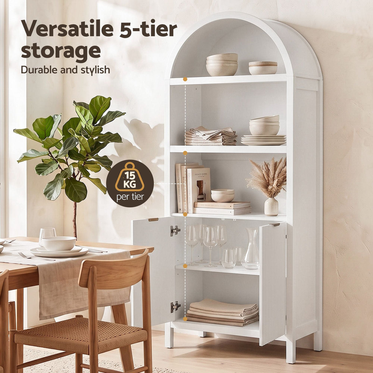 Buffet Sideboard Cabinet Pantry 180cm with Arched Storage and Bookshelf - White (Set of 2) - Furniture > Dining > Buffets & Sideboards - Rivercity House & Home Co. (ABN 18 642 972 209) - Affordable Modern Furniture Australia